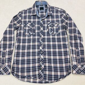 7 DIAMONDS Blue Brown Plaid Long Sleeve Button-Up Dress Shirt Mens Small